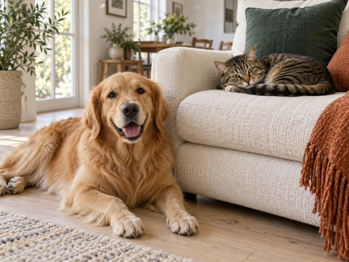 A tabby cat and golden retriever resting together indoors