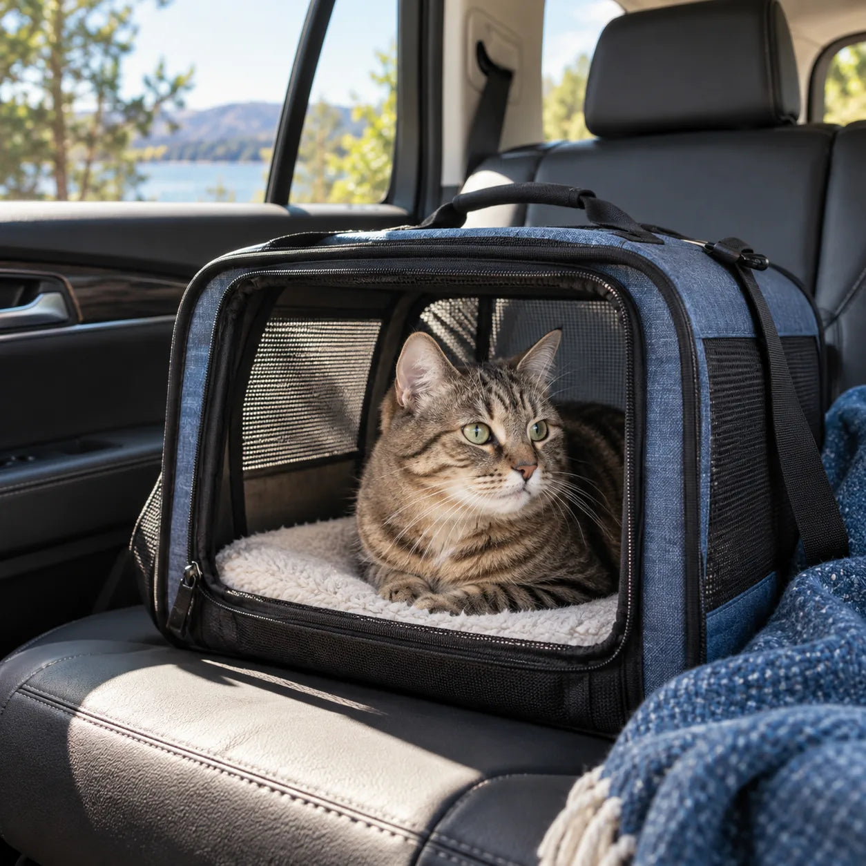 Tabby cat resting in a travel carrier in a car