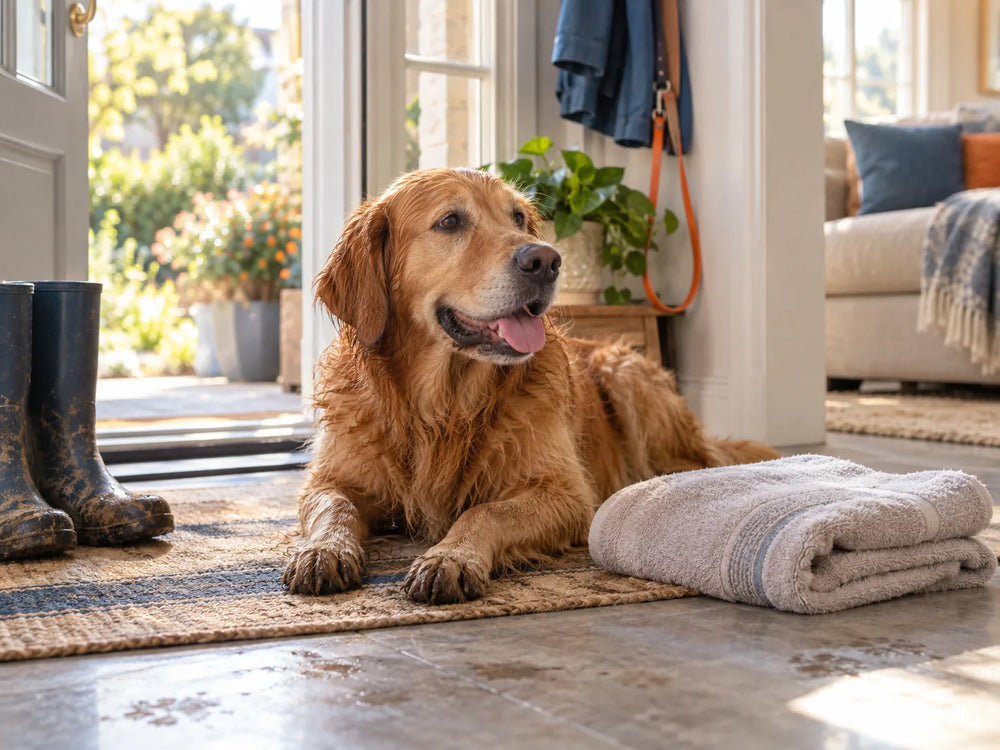 Wet golden retriever resting by an open door beside a folded towel and muddy boots.