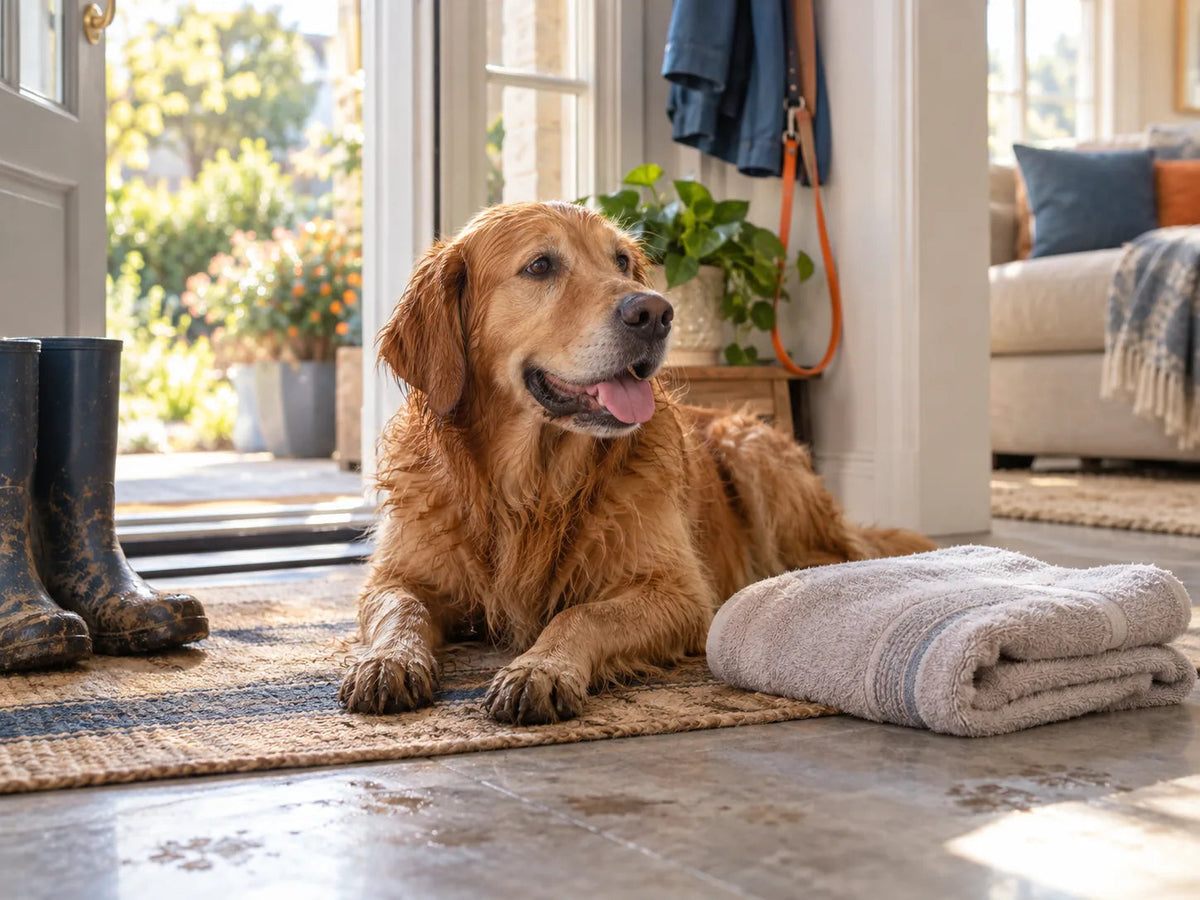 Wet golden retriever resting by an open door beside a folded towel and muddy boots.