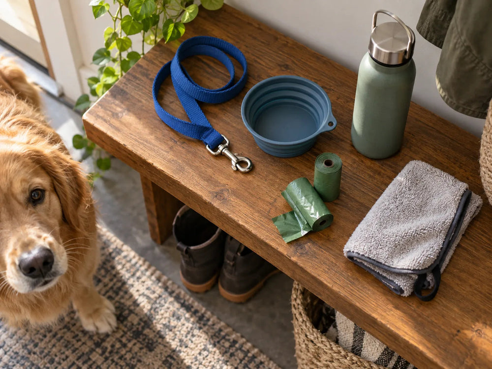 Leash, collapsible bowl, water bottle, waste bags and towel on a bench beside a dog.