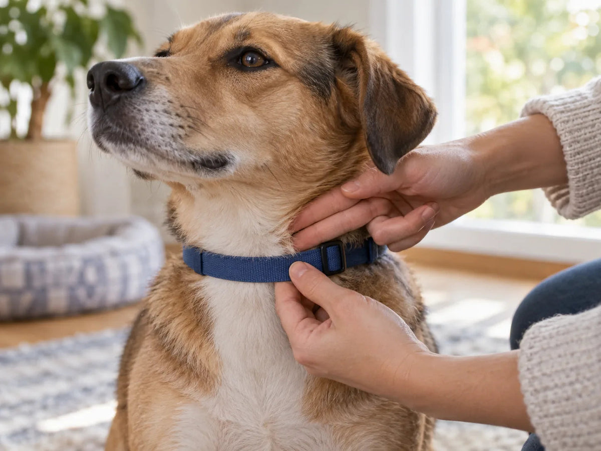 Person checking the fit of a blue collar on a brown dog.