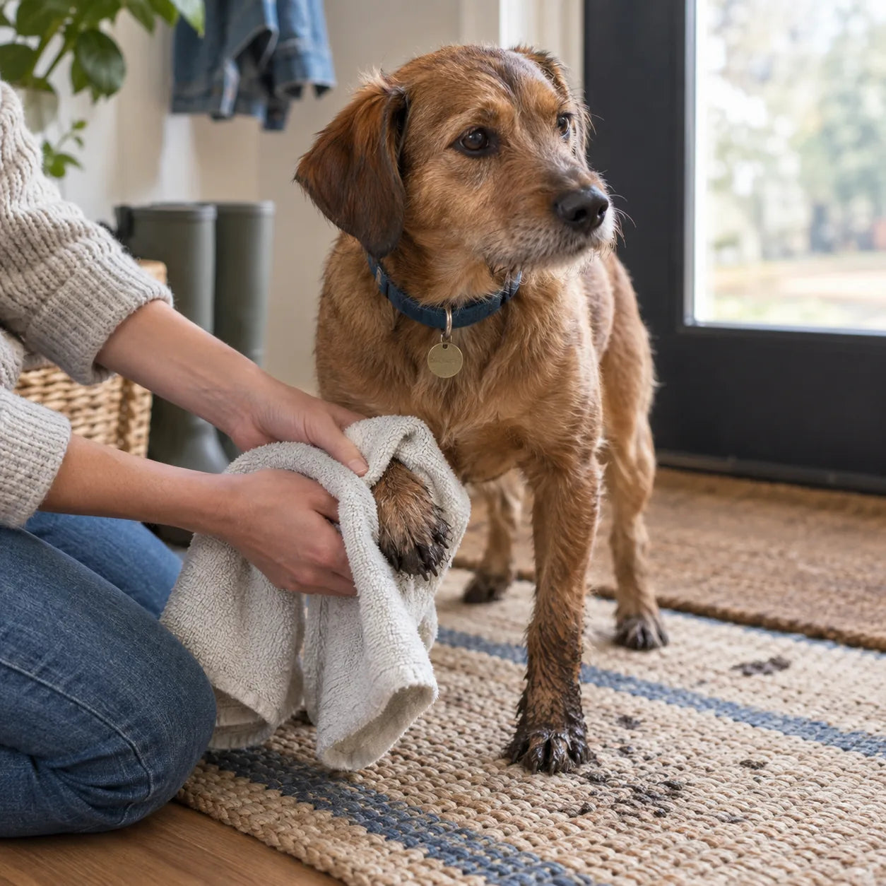 A dog having a paw dried with a towel