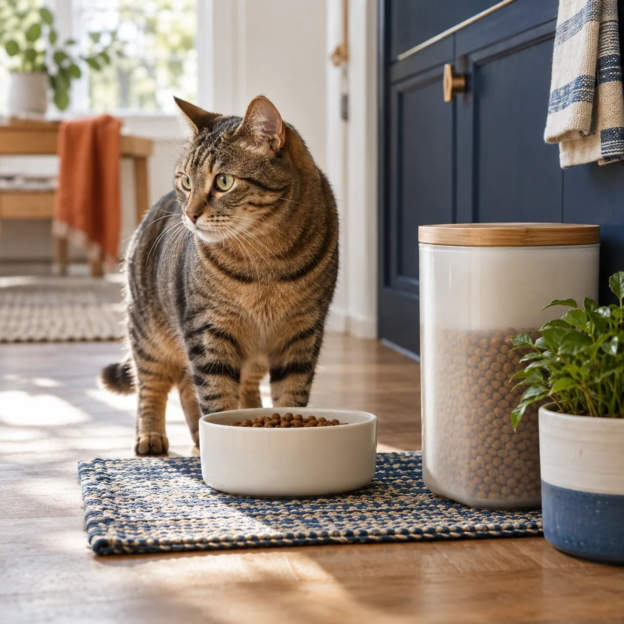 A tabby cat beside a food bowl and storage container