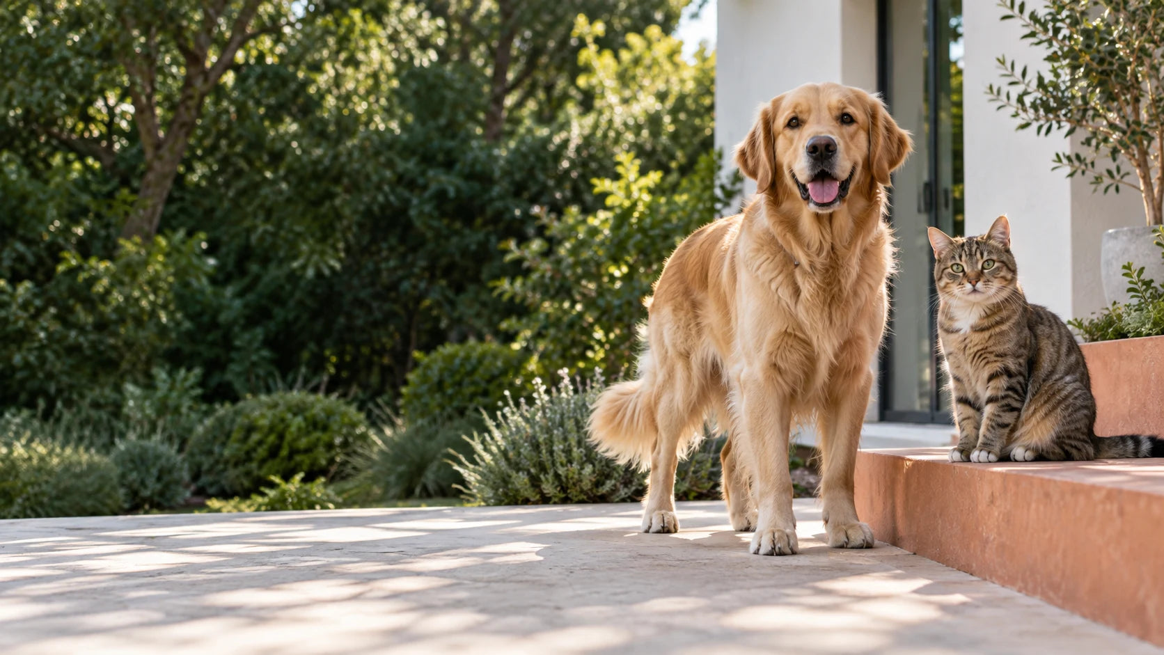A dog and cat enjoying a bright day at home