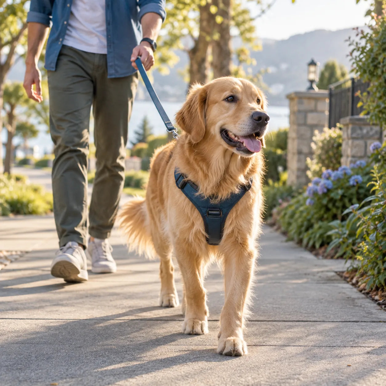 Golden retriever on a walk wearing a blue harness